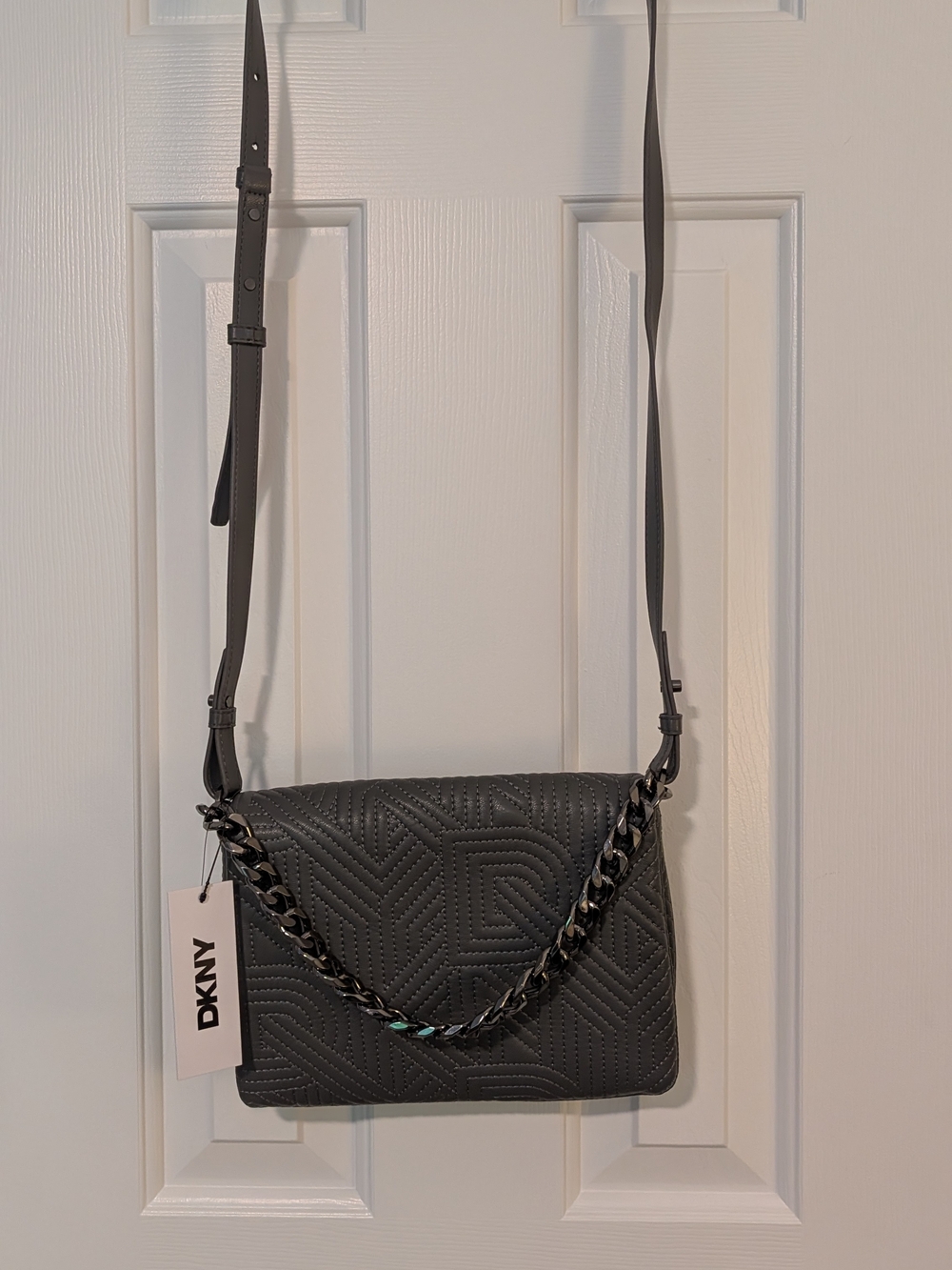 DKNY Quilted Dark Gray Chain-Trim Crossbody Bag